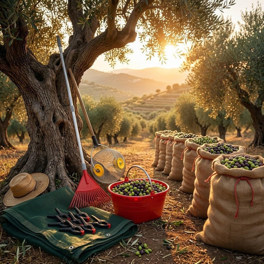 Kit raccolta olive con rete antispina, scopa telescopica e sacchi di juta in un uliveto al tramonto.