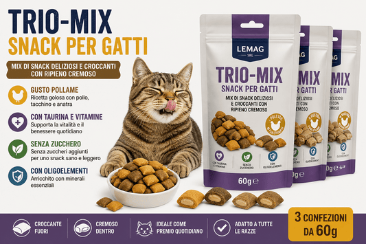 Snack per Gatti Trio Mix 60g 3 Confezioni Gusto Pollame Croccanti con Ripieno Cremoso Taurina Vitamine Senza Zucchero - Lemag srl