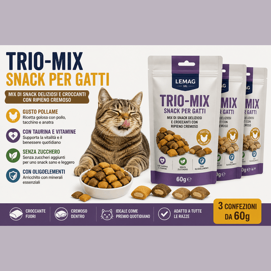 Tre confezioni di Trio-Mix Lemag, snack per gatti ripieno cremoso al gusto pollame con gatto.