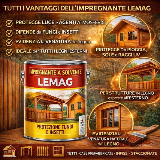 Impregnante per Legno a Solvente Protettivo per Esterni – Protezione Funghi e Insetti 0,75l – Evidenzia Venatura – Per Infissi, Tetti e Staccionate - Lemag srl
