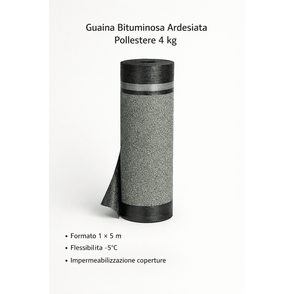 Rotolo di guaina bituminosa ardesiata in poliestere da 4 kg per impermeabilizzazione coperture, formato 1 x 5 m.
