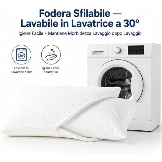 Dettaglio dei cuscini cervicali memory foam con fodera sfilabile con zip, lavabile in lavatrice a 30 gradi per un'igiene duratura.