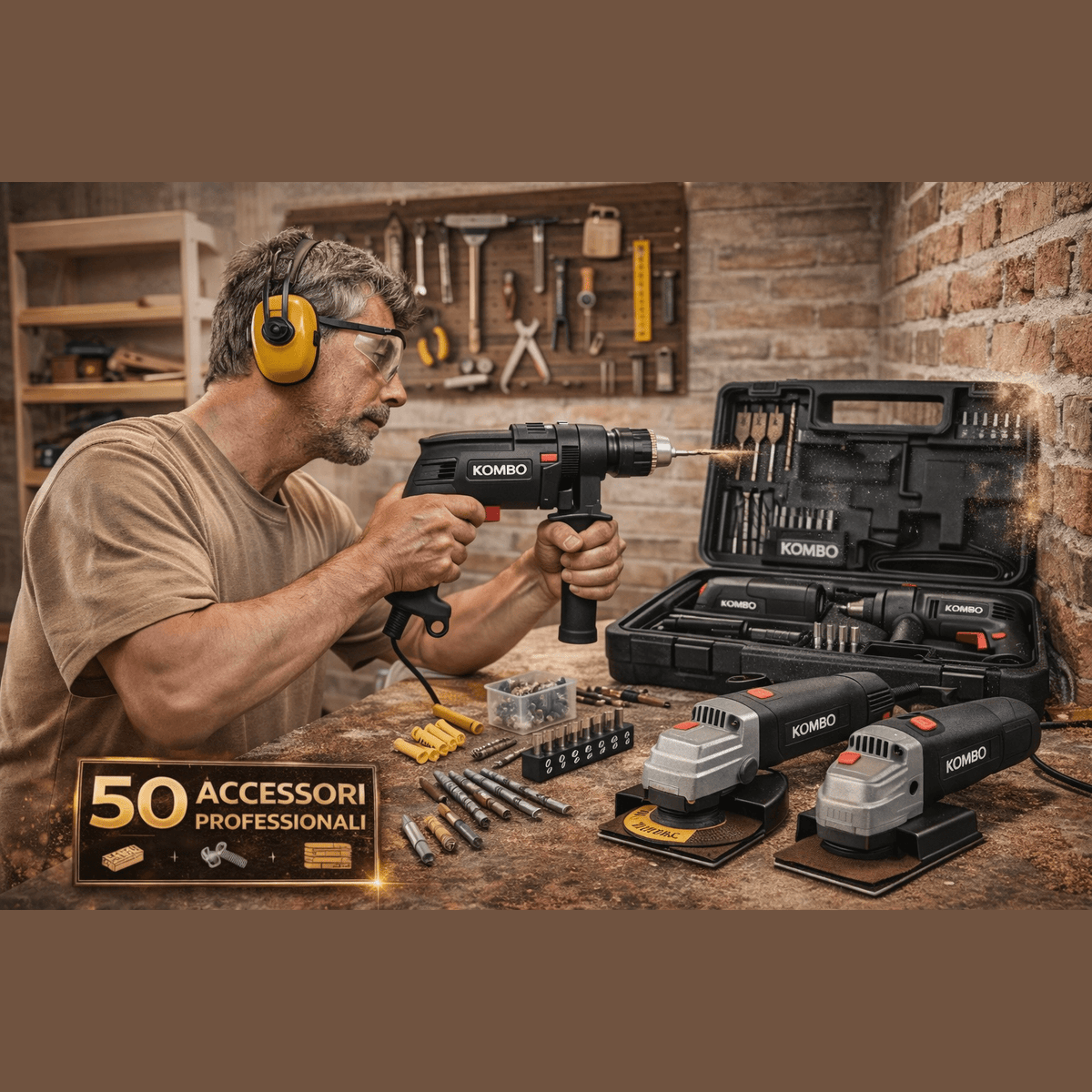 Set Kombo con valigetta elettroutensili con trapano da 500W e 50 accessori professionali per fai da te.