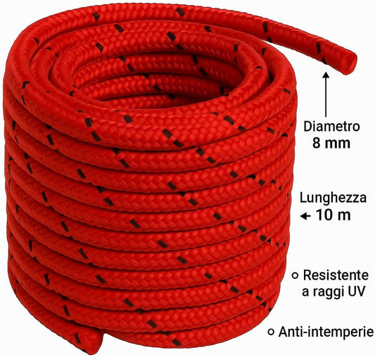 Bobina di treccia elastica 8 mm rossa da 10 metri, resistente a raggi UV e intemperie, ideale per fissaggi e campeggio.