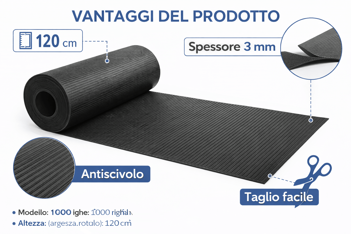 Tappeto in Gomma 1000 Righe Nero H 120 cm β Spessore 3 mm β Rotolo da 1 a 10 Metri - Lemag srl