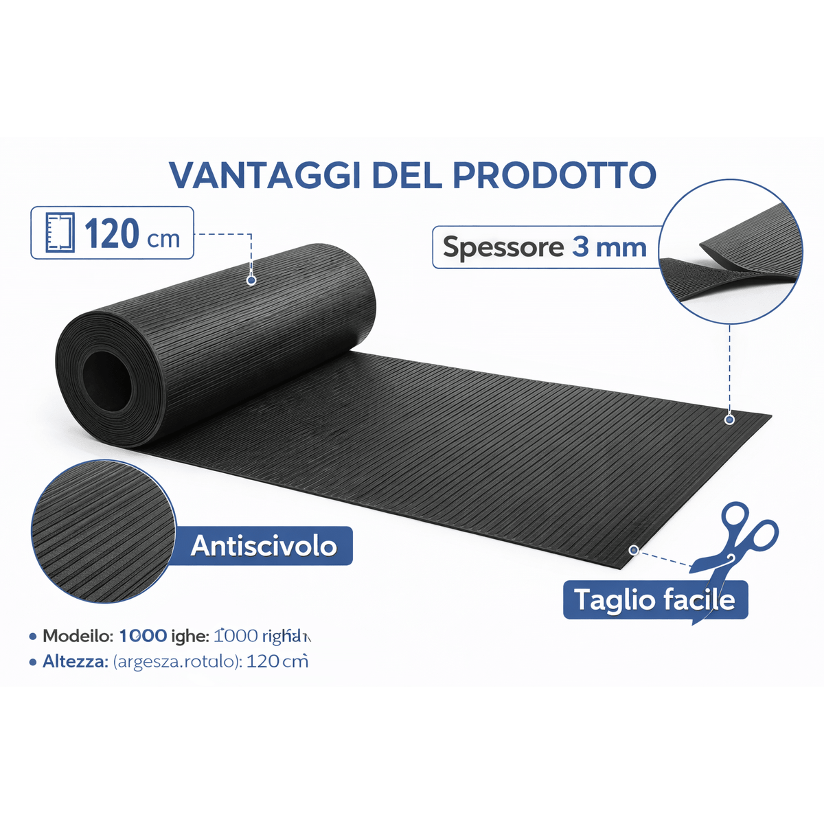 Vantaggi del tappeto in gomma 1000 righe nero antiscivolo con spessore 3 mm, altezza 120 cm e taglio facile.