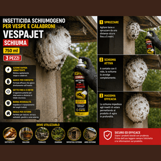 Insetticida schiuma vespe e calabroni Vespajet spray schiumogeno per eliminare nidi in sicurezza fino a 5 metri.