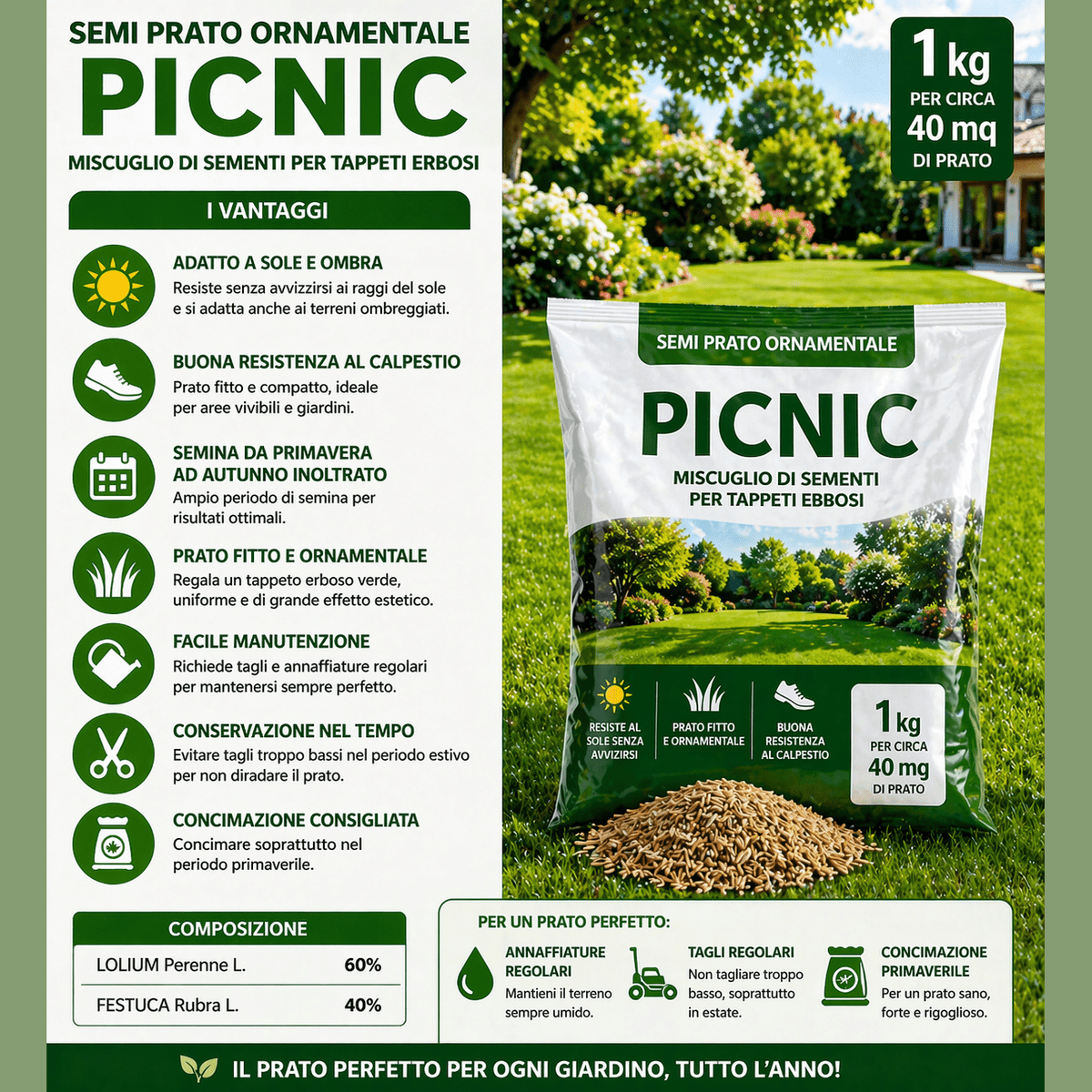 Scheda informativa e confezione di semi prato ornamentale Picnic da 1 kg resistente a sole, ombra e calpestio.