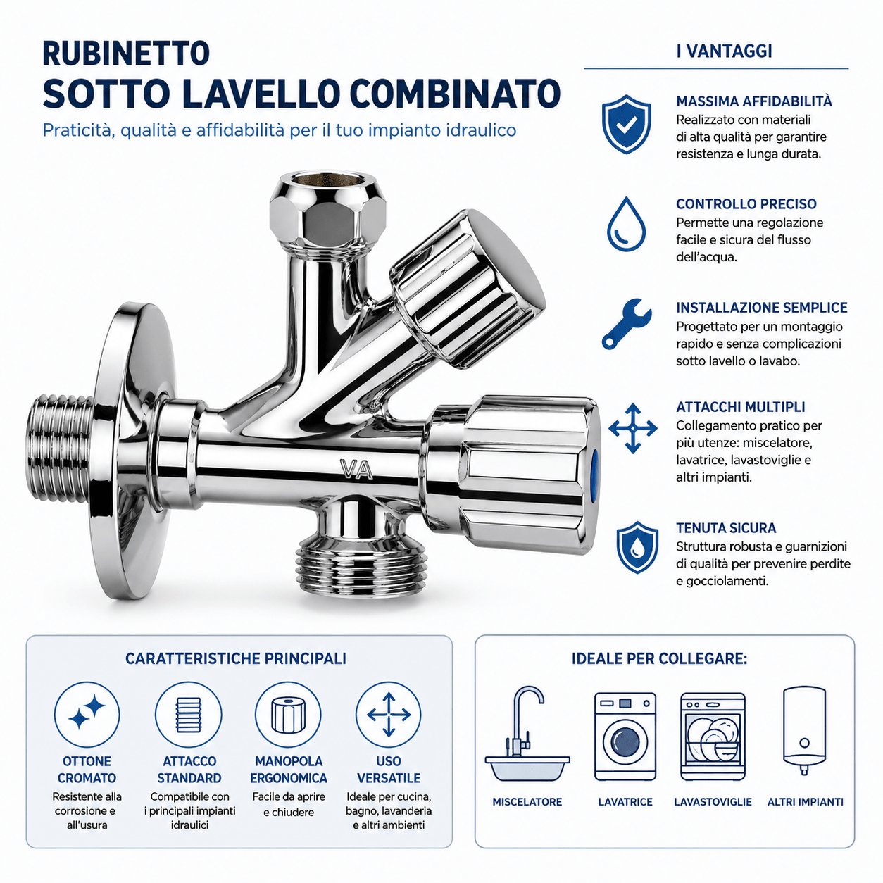 Rubinetto Sotto Lavello Combinato per Cucina e Lavabo Valvola Acqua con Attacco Multiplo per Lavatrice Lavastoviglie e Miscelatore - Lemag srl
