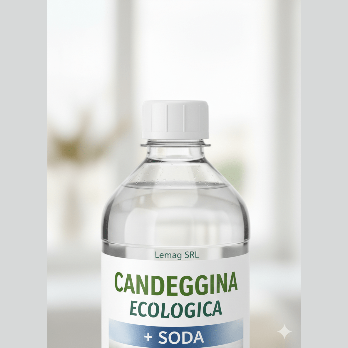 Bottiglia di candeggina con soda Lemag SRL, detergente sgrassante e smacchiante ecologico per la casa.