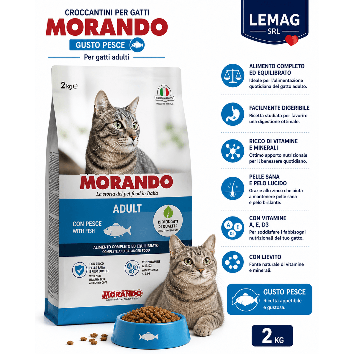 Sacco da 2 kg di croccantini morando al pesce per gatti adulti, con ciotola di cibo e gatto tigrato.