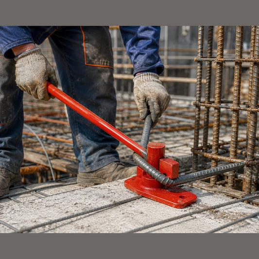 Operaio edile utilizza un piegaferro manuale per tondino in acciaio per piegare ferri da armatura in cantiere.