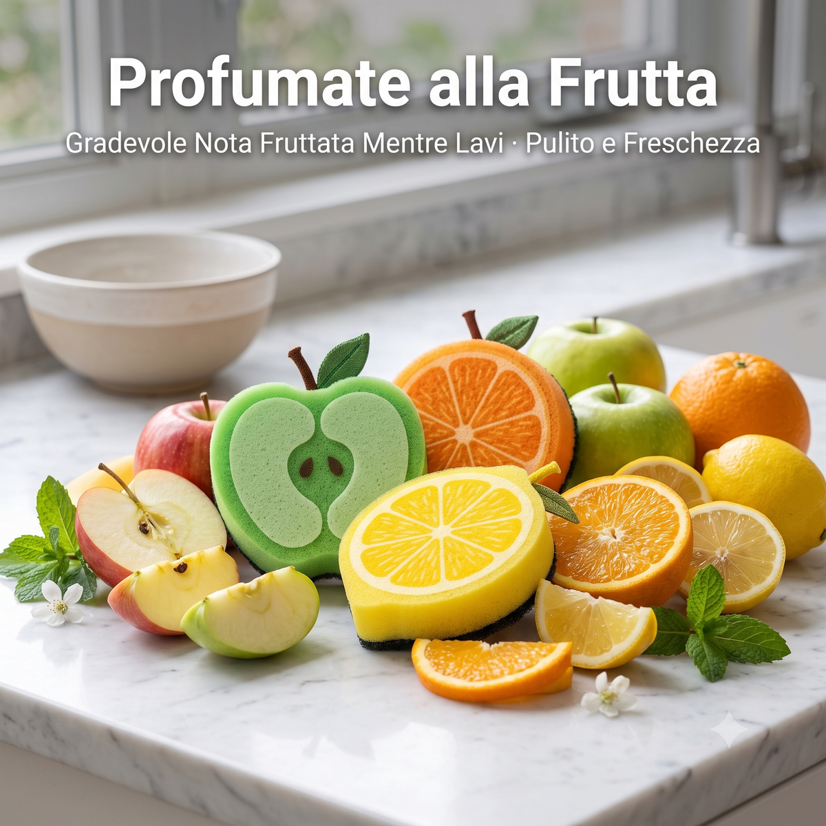 Spugne da cucina profumate alla frutta e sedia pieghevole in resina bianca per la pulizia di casa e giardino.