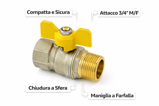 Valvola a Sfera Gas FF 3/4" in Ottone per Impianti Gas Rubinetto Femmina Femmina Chiusura Sicura Alta Tenuta per Uso Domestico e Tecnico - Lemag srl