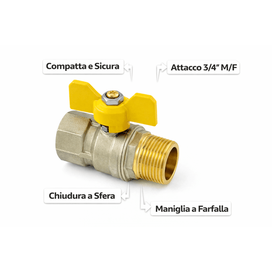 Dettaglio della valvola a sfera gas 3/4 in ottone con chiusura a sfera, attacco maschio femmina e maniglia a farfalla.