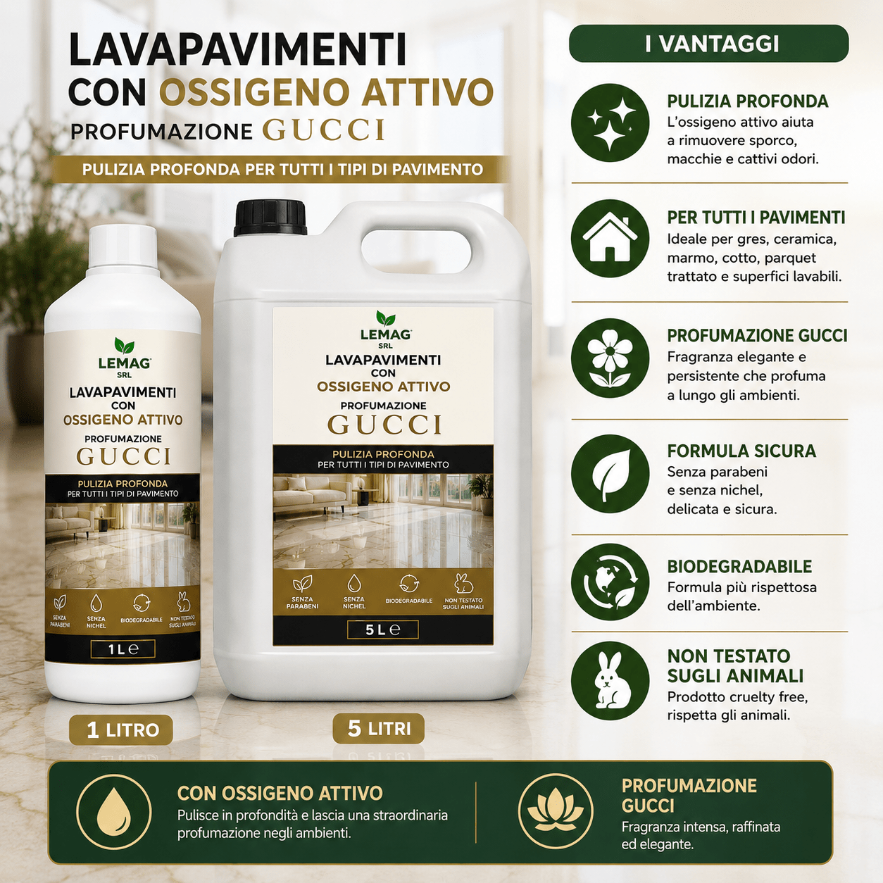 Lavapavimenti con Ossigeno Attivo Profumazione Luxury 1L e 5L Pulizia Profonda Pavimenti Biodegradabile - Lemag srl