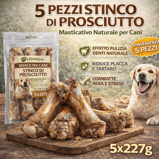 Snack per Cani Stinco di Prosciutto 5 Pezzi 227 g Masticativo Naturale Igiene Dentale - Lemag srl