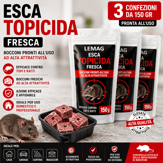 Esca Topicida Fresca 150 gr 3 Confezioni per Topi e Ratti Bocconi Pronti all’Uso ad Alta Attrattività Uso Domestico e Professionale - Lemag srl