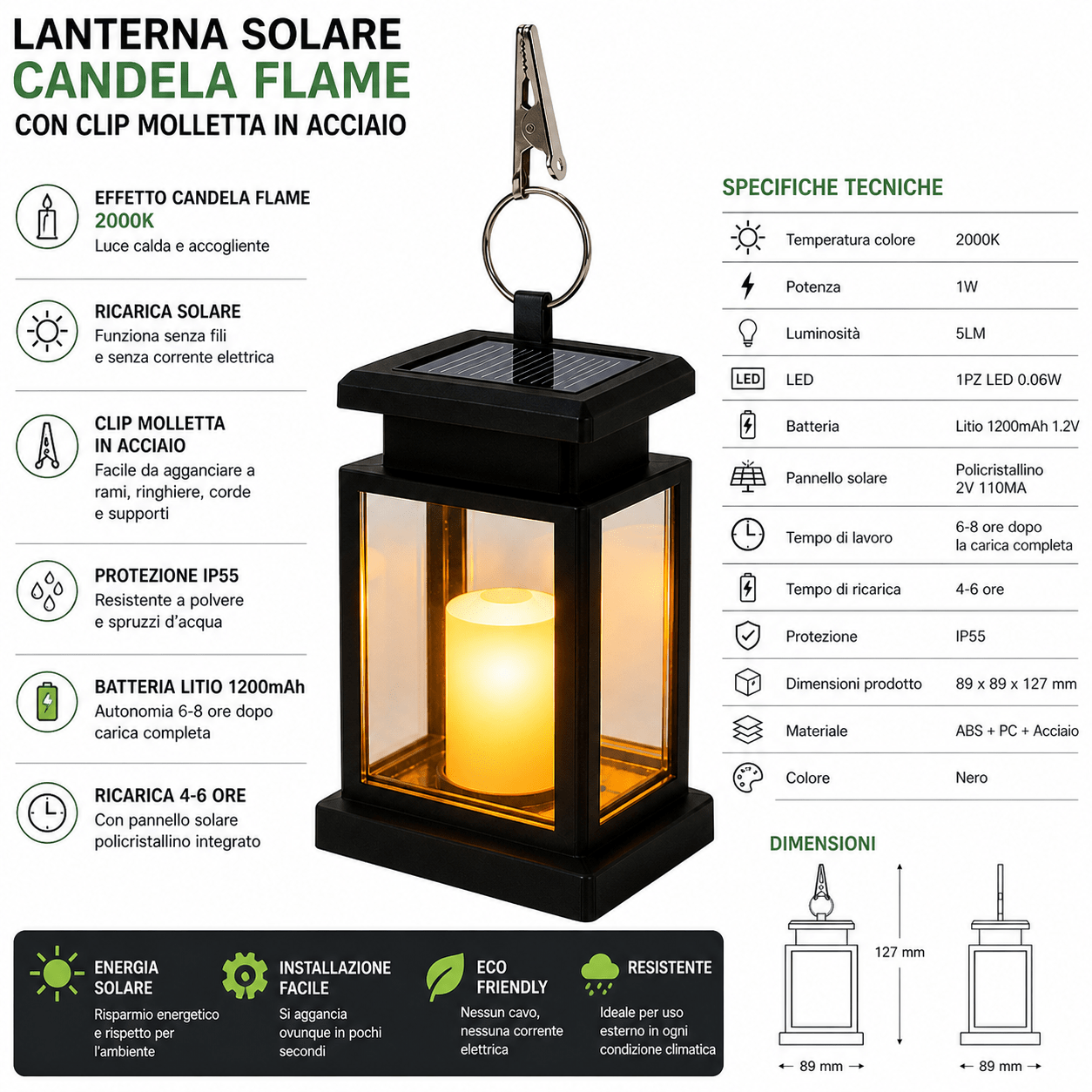 Lanterna Solare Candela Flame 2000K IP55 con Clip Molletta in Acciaio Luce Calda 5LM per Giardino Balcone Esterno - Lemag srl