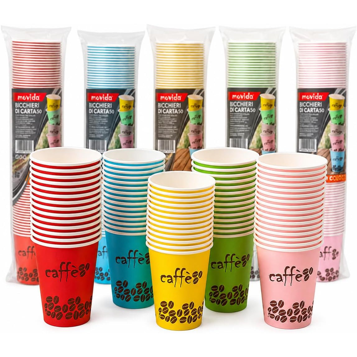 Set di bicchieri caffè biodegradabili colorati in carta per espresso, ideali per casa, bar e ufficio.