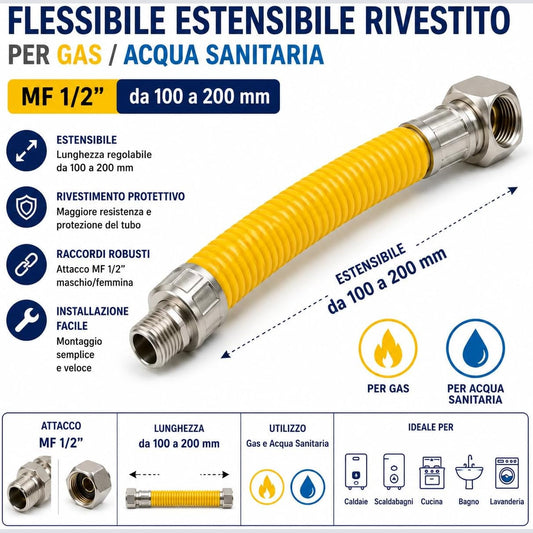 Tubo flessibile estensibile gas e acqua in acciaio inox rivestito giallo con raccordi da 1/2 pollice, da 100 a 200 mm.