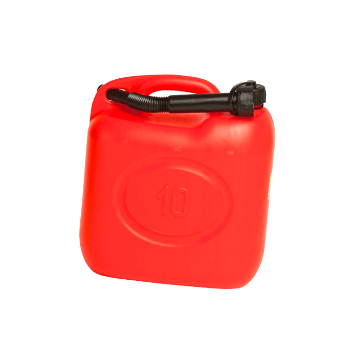 Tanica carburante omologata rossa da 10 litri con beccuccio flessibile nero per travaso di benzina e gasolio.