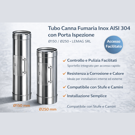 Dettaglio di tubo canna fumaria con porta ispezione in acciaio inox AISI 304 nei diametri 150 e 250 mm.