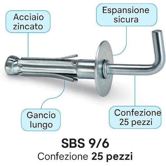 Set di tasselli metallici con gancio lungo SBS 9/6 in acciaio zincato, confezione da 25 pezzi per espansione sicura.