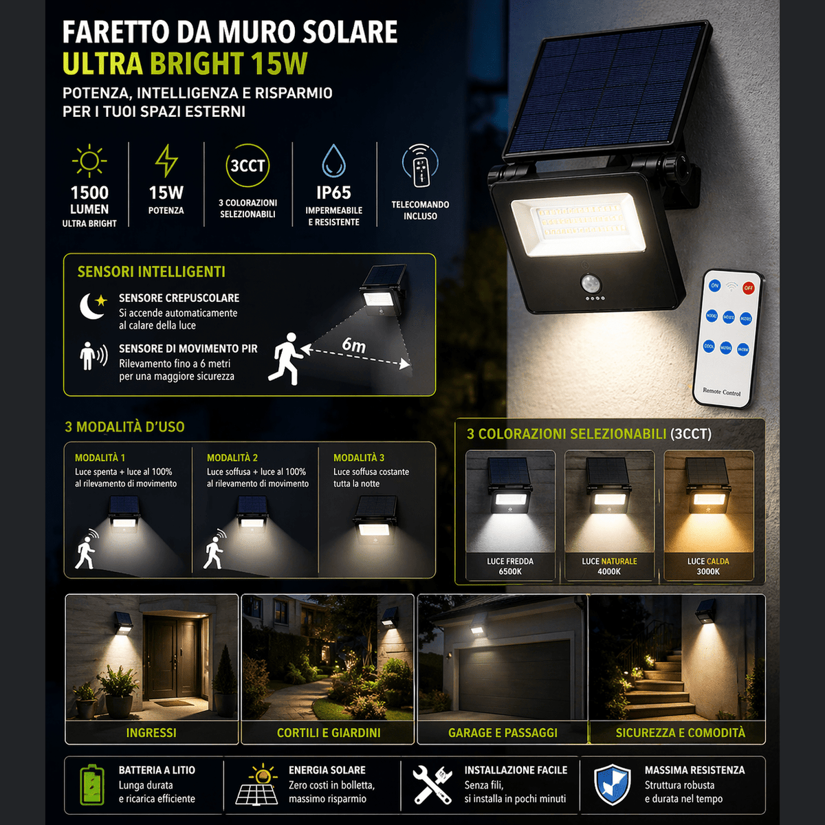 Un faretto solare con sensore di movimento da muro da 15W per esterni con telecomando e 3 tonalità di luce.
