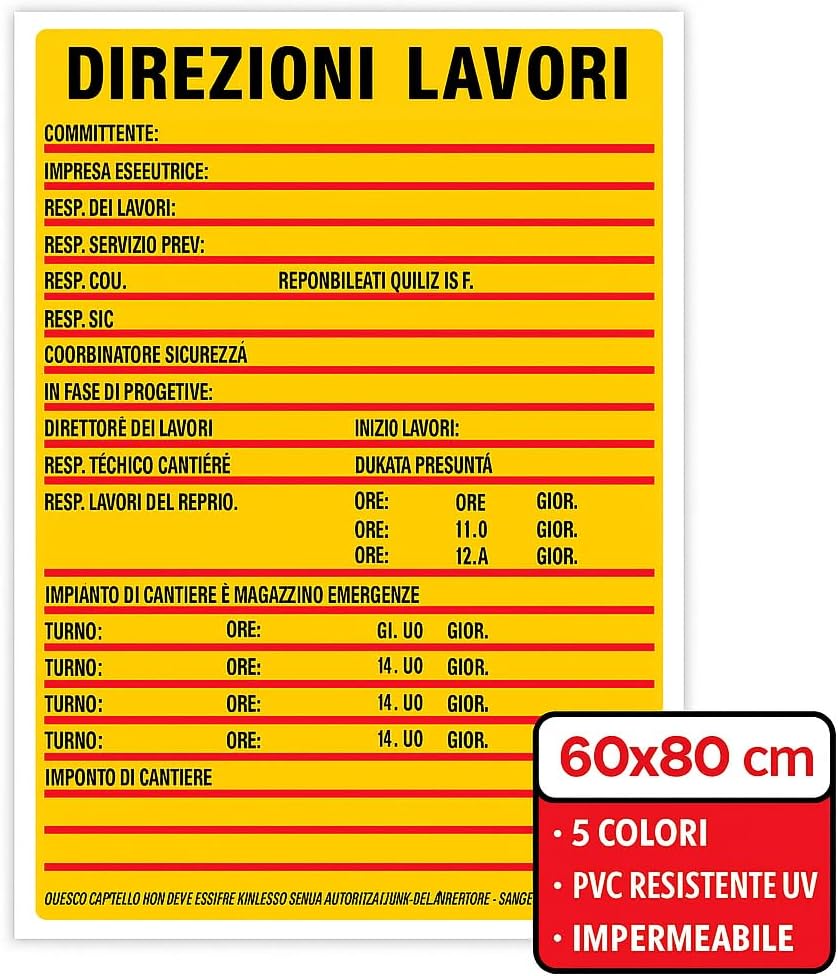Cartello “Direzioni Lavori” 60x80 cm – 5 Colori – Segnaletica di Sicurezza per Cantieri – PVC Resistente UV e Impermeabile - Lemag srl