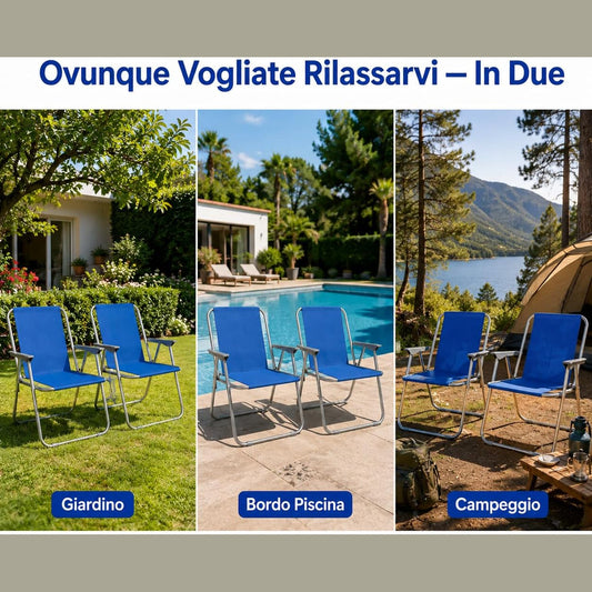 Coppia di sedie relax pieghevoli da giardino blu ideali per esterno, bordo piscina e campeggio.