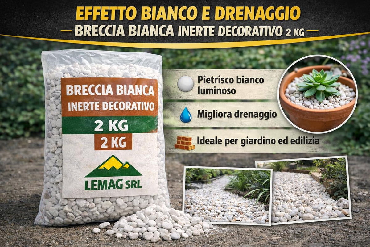Breccia Bianca 2 Kg Inerte Decorativo – Per Giardino, Aiuole, Vasi e Fioriere – Pietrisco Bianco per Decoro e Drenaggio, Uso Edilizia e Finiture - Lemag srl