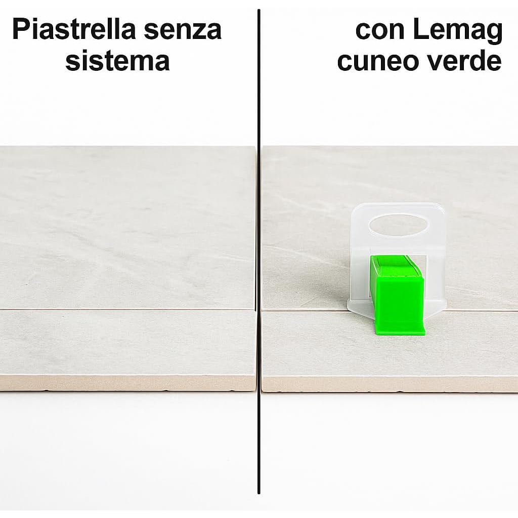 Confronto tra posa senza sistema e livellata con il kit livellatori piastrelle Lemag e cuneo verde.
