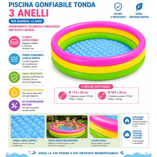 Dettagli e caratteristiche della piscina gonfiabile per bambini tonda a 3 anelli colorati con fondo morbido a bolle.