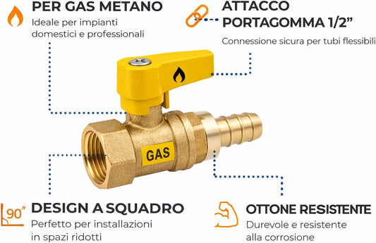 Rubinetto a Squadro Portagomma Gas Metano 1/2” Ottone Attacco Tubo Flessibile Valvola Sicurezza Impianti Gas - Lemag srl