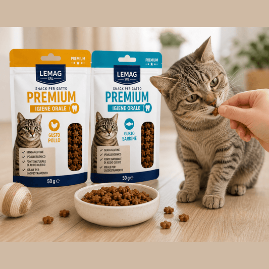 Confezioni di snack gatto igiene orale Lemag gusto pollo e sardine con gatto tigrato che riceve un premio.