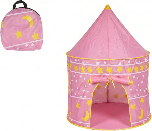 Casetta tenda gioco bambini pieghevole rosa Lemag con stelline e lune gialle, completa di sacca per il trasporto.