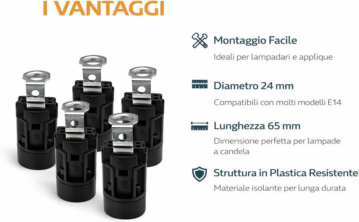 Portalampada per Candela E14 – 5 Pezzi – Ø 24 mm Lunghezza 65 mm – Attacco Portalampadina per Lampadari e Applique - Lemag srl