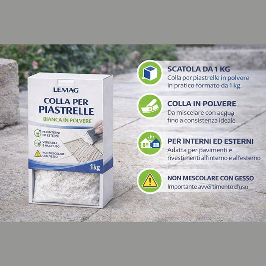 Confezione di colla per piastrelle bianca Lemag da 1 kg in polvere per pavimenti e pareti interni ed esterni.