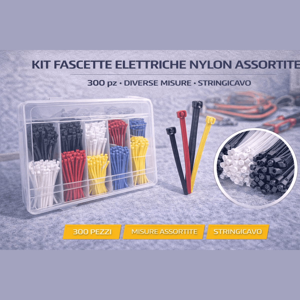 Kit assortito da 300 fascette stringicavo in nylon colorate in scatola per organizzazione cavi elettrici.