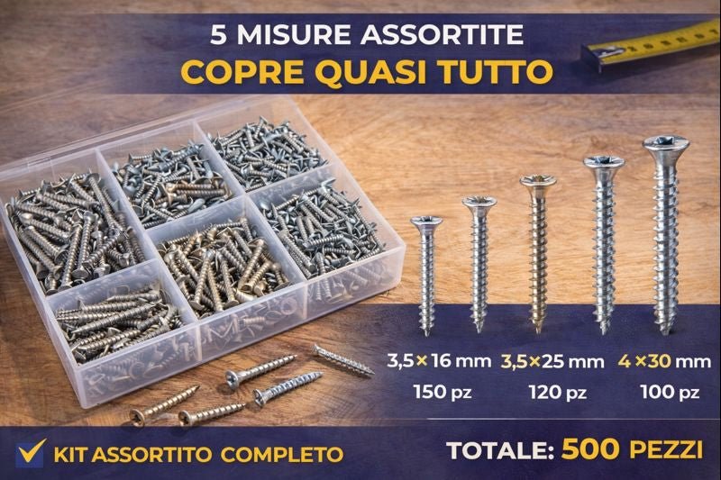 Set Viti Legno Assortite Testa Svasata 500 Pezzi 5 Misure - Lemag srl
