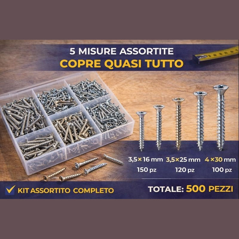 Kit organizzatore con 500 viti per legno assortite in 5 misure diverse per fai da te e falegnameria.