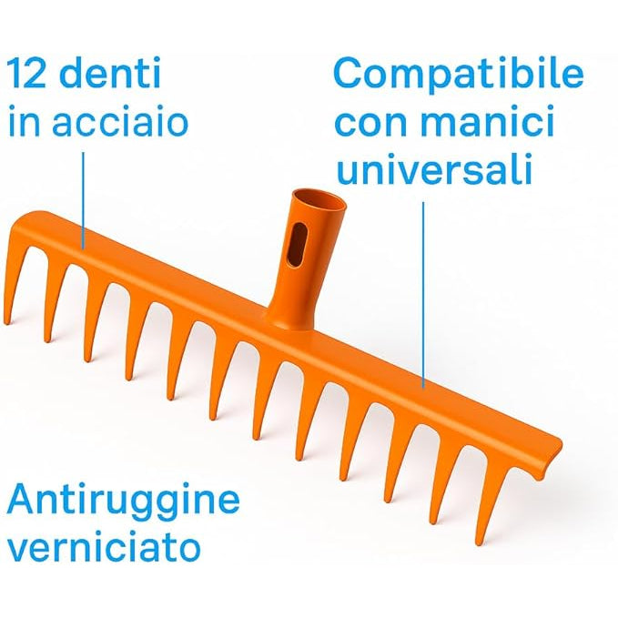 testa rastrello 12 denti in acciaio arancione antiruggine con attacco per manici universali.