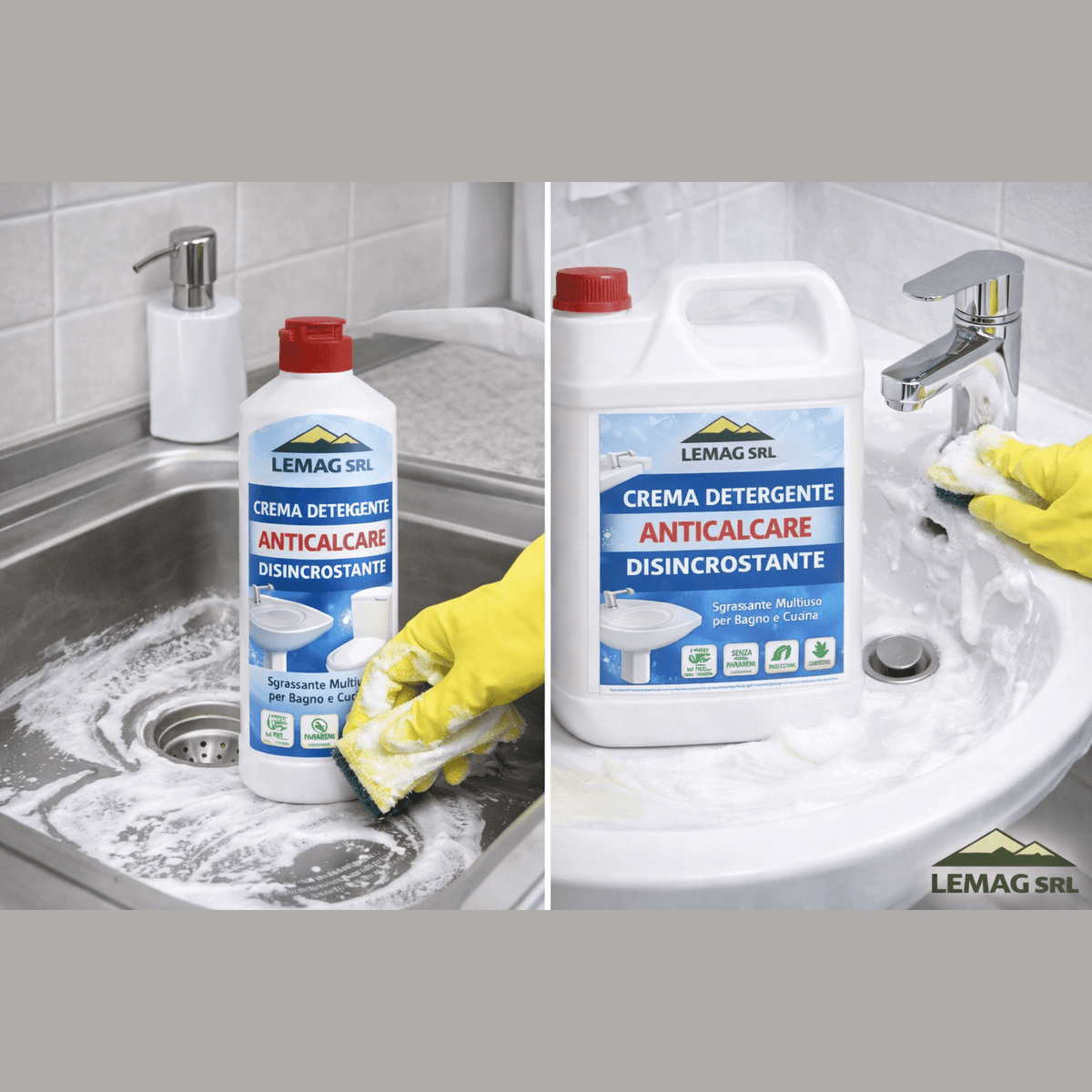 Flacone e tanica di crema detergente anticalcare LEMAG SRL per la pulizia e disincrostazione di lavandini in bagno e cucina.