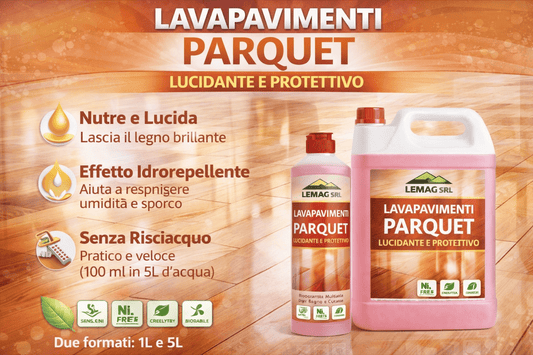 Flaconi di lavapavimenti parquet lucidante e protettivo LEMAG SRL per pulire, nutrire e proteggere i pavimenti in legno senza risciacquo.