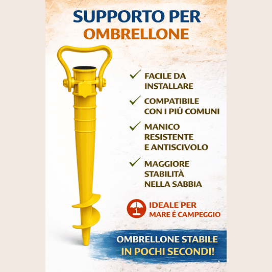 Supporto giallo e picchetto a vite per ombrellone da spiaggia per garantire massima stabilità sulla sabbia e al mare.