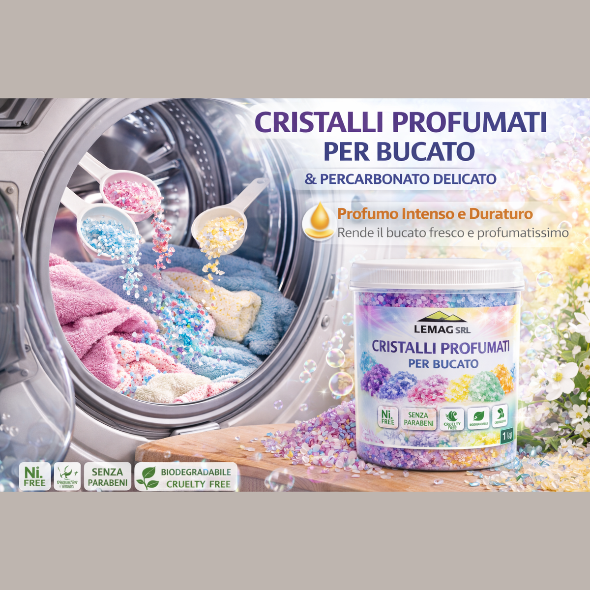 Confezione di cristalli profumati per bucato LEMAG SRL versati in lavatrice per un profumo intenso e duraturo.