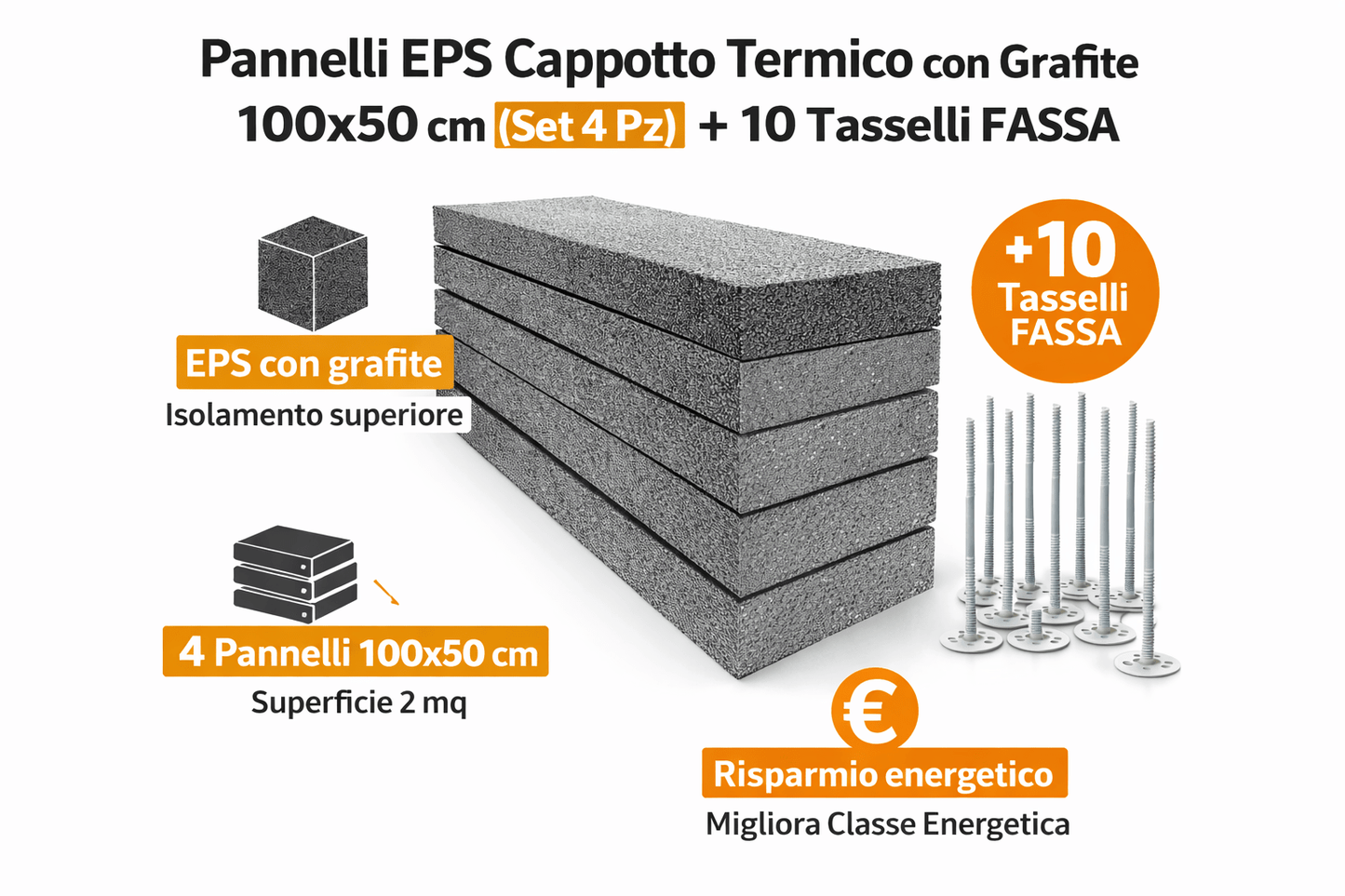 Set di pannelli EPS grafite Fassa 100x50 cm per cappotto termico e risparmio energetico, con 10 tasselli inclusi.