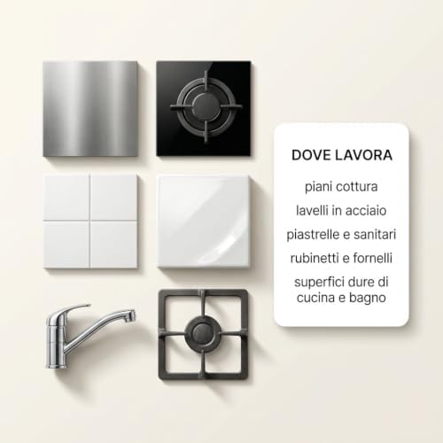 B.O.O.M. pasta abrasiva per pulizie: ideale per piani cottura, lavelli in acciaio, piastrelle, sanitari e rubinetti di cucina e bagno.