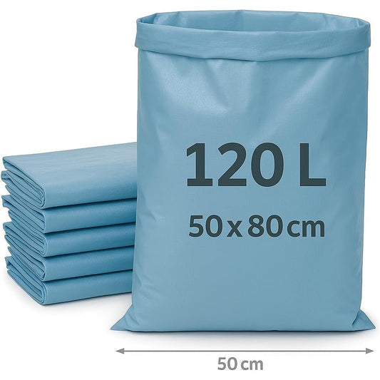 Set di sacchi per macerie resistenti azzurri da 120 litri e 50x80 cm, ideali per calcinacci e rifiuti da cantiere.